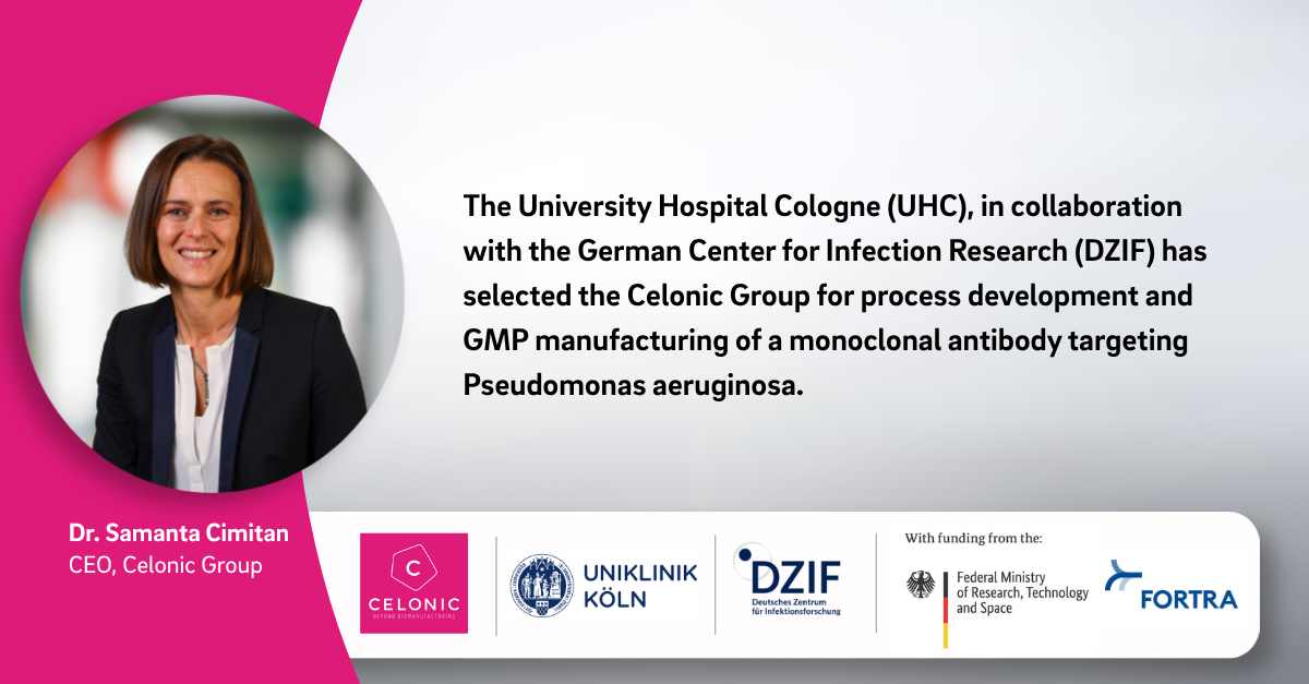 The University Hospital Cologne (UHC), in collaboration with the German Center for Infection Research (DZIF) has selected the Celonic Group for process development and GMP manufacturing of a monoclonal antibody targeting Pseudomonas aeruginosa.